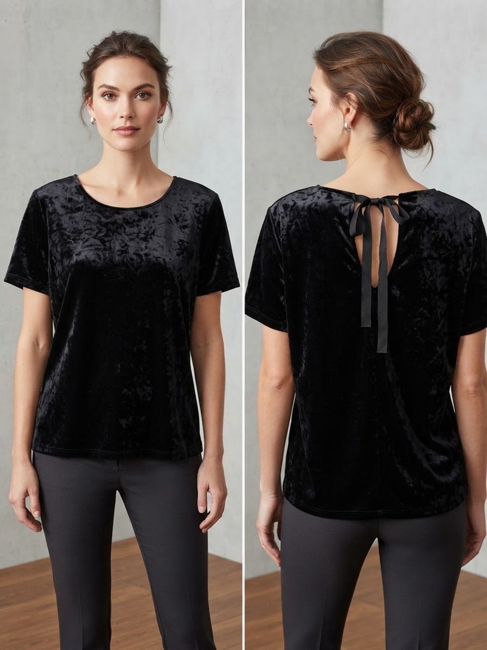 Black Crushed Velvet Tee Top Size 1X Tie Back Bow Keyhole holiday